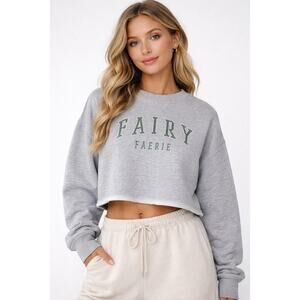 Cropped Raw Edge Sweatshirt FAIRY FAERIE Varsity Heather Gray Medium Y2K Soft